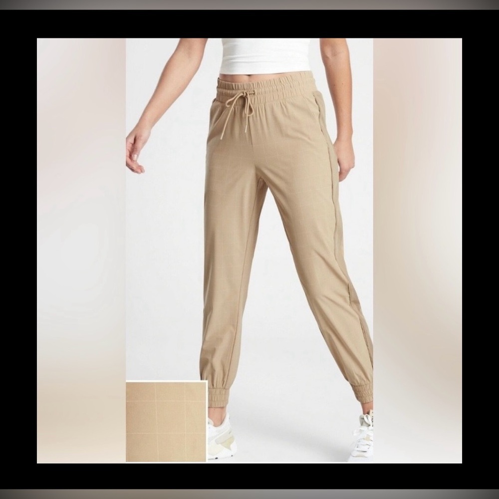 Athleta 24 Brooklyn Textured Joggers Pants Windowpane Ankle Stretch khaki tan 22